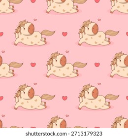 Patrón sin fisuras con lindo caballo reclinado juguetón con fondo rosa corazón. Divertido Adorable Caricatura Animal Pony Kawaii personaje romántico. Ilustración vectorial. Colección de niños. No es IA