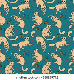 seamless pattern with cute playing cats, vector illustration