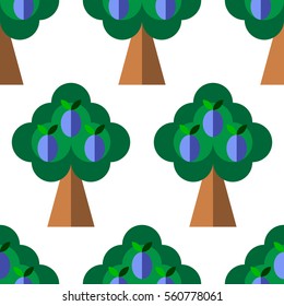 Seamless pattern with cute plum trees in flat style on the white background. Vector.