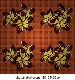 Seamless pattern with cute plumeria flowers in yellow, brown and orange colors. Spring vintage floral background. Beautiful vector texture.