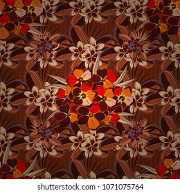 Seamless pattern with cute plumeria flowers in orange, beige and brown colors. Spring vintage floral background. Beautiful vector texture.