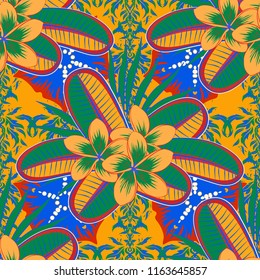 Seamless pattern with cute plumeria flowers in yellow, blue and green colors. Spring vintage floral background. Beautiful vector texture.