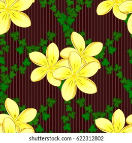 Seamless pattern with cute plumeria flowers on a brown background. Vector illustration.