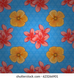 Seamless pattern with cute plumeria flowers on a blue background. Spring vintage floral background. Beautiful vector texture.