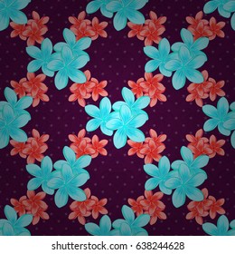 Seamless pattern with cute plumeria flowers on a purple background. Vector illustration.
