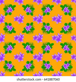 Seamless pattern with cute plumeria flowers on a yellow background. Spring vintage floral background. Beautiful vector texture.