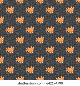 Seamless pattern with cute plumeria flowers on a gray background. Spring vintage floral background. Beautiful vector texture.
