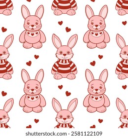 Seamless pattern of cute plush bunnies and hearts. Pink plush toys print. Children's background