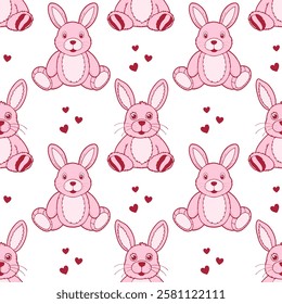 Seamless pattern of cute plush bunnies and hearts. Pink plush toys print. Children's background