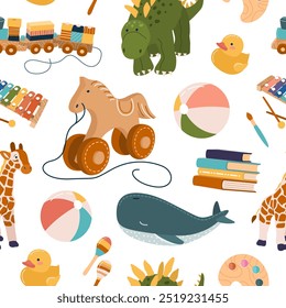 Seamless pattern with cute plush and plastic toys for kids. Cartoon tile for preschool boys and girls. Funny print for baby textiles and fabrics, wrapping paper, covers, childish designs.