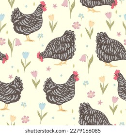 Seamless pattern with cute pockmarked chickens and flowers. Vector graphics.