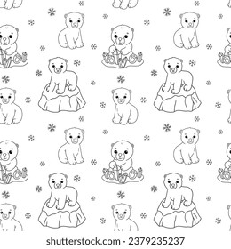 Seamless pattern with cute polar baby bear on ice floe and snow. Cartoon hand drawn vector outline illustrations