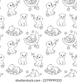 Patrón sin foco con un lindo oso polar sobre el hielo flotando y durmiendo. Ilustraciones del contorno de vectores dibujadas a mano