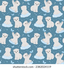 Seamless pattern with cute polar baby bear. Vector cartoon hand drawn childish pattern for kids or newborn. Funny little animal on dark background