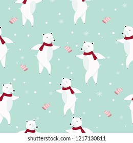 seamless pattern cute  polar bear cartoon wear red scarf and dancing,  pink glove, snow and snowflake on light blue background.illustration vector comic art.