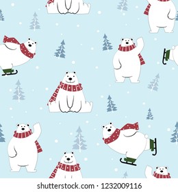 Seamless pattern cute polar  bear cartoon happy on winter with Christmas tree and snow background, illustration vector doodle comic art.
