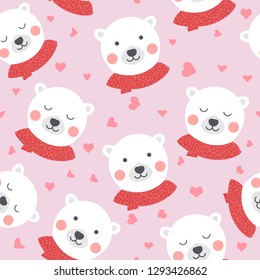 Seamless Pattern of cute polar bear with heart for valentines day, Vector Illustration