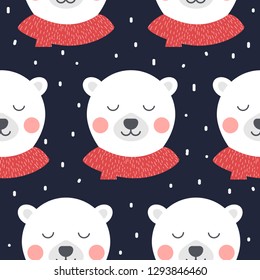 Seamless Pattern of cute polar bear sleep in winter concept, Vector Illustration