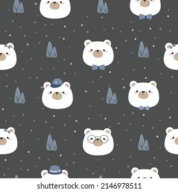 Seamless pattern with cute polar bear head cartoon on dark grey background