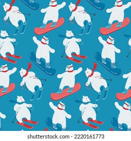 Seamless pattern with a cute polar bear that skis and snowboards. Illustration with winter sports. Winter activity. Vector illustration in a flat style.