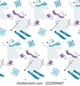 Seamless pattern with a cute polar bear skiing. Illustration with winter sports. Winter activity. Vector illustration in a flat style.