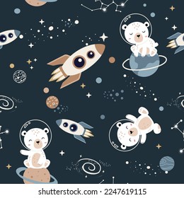 Seamless Pattern with Cute Polar Bear in Space, Cartoon Animals Background, Design for baby clothes, t-shirts, wrapping, fabric, textiles and more. Vector illustration. kids collection