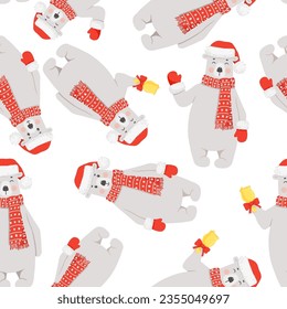 Seamless pattern with cute polar bear in red hat, scarf with bell. Funny vector background for Christmas packaging paper