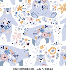 Seamless pattern with cute polar bear in flowers. Forest animals illustration. Floral hand drawn vector texture for fabric and textile. 
