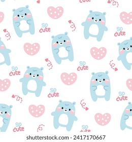 Seamless pattern of cute polar bear with heart and so cute word in various poses on white background.Wild animal character cartoon design.Baby clothing.Valentines day.Teddy.Kawaii.Vector.illustration.