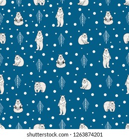 Seamless pattern with cute polar bears, pines, and snow on blue background. Hand drawn vector illustration. Beautiful winter design.