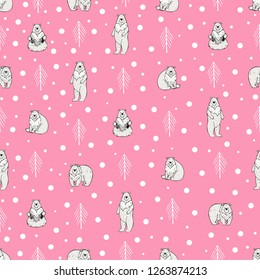 Seamless pattern with cute polar bears, pines, and snow on pink background. Hand drawn vector illustration. Beautiful winter design.