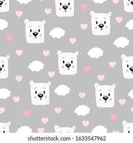 Seamless pattern with cute polar bears  heads on a grey background. Vector illustration, cartoon.