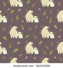 Seamless pattern with cute polar bears and field plants. Vector illustration for nursery designs, wrapping paper, clothing, fabric.