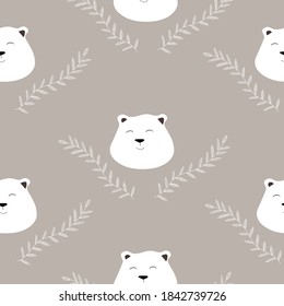 Patrón sin foco con osos polares lindos al estilo de las caricaturas simples. 
Oso polar de peluche de oso en dibujo vectorial de doodle de hojas para prendas de vestir para niños y otros fines