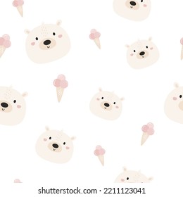 Patrón sin foco con osos polares y helados adorables. Diseño compacto con rostros animales para impresiones de tela, papel pintado, papel envolvente