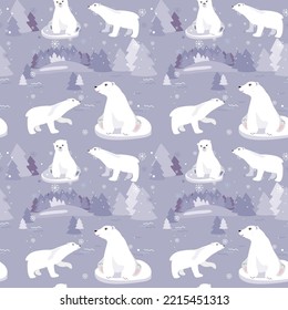 Seamless Pattern. Cute Polar Bears And Arctic Winter Landscape. Northern Animals. Vector Illustrations.