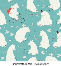 Seamless Pattern with Cute Polar Bears and Rabbits enjoying Winter