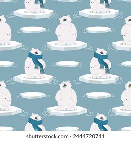 Patrón sin fisuras con osos polares lindos en un témpano de hielo sobre un fondo azul. Diseño para estampado, textil, tela. Vector