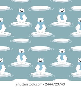 Patrón sin fisuras con osos polares lindos en un témpano de hielo sobre un fondo azul. Diseño para estampado, textil, tela. Vector