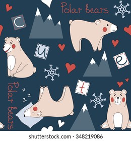 Seamless pattern with cute polar bears, icebergs, hearts and snowflakes in childish cartoon style. Vector illustration can be used for wallpaper, pattern fills, background, print on fabric or paper