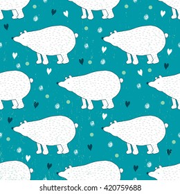 Seamless pattern with cute polar bears on blue background. Hand drawn illustration made in vector.