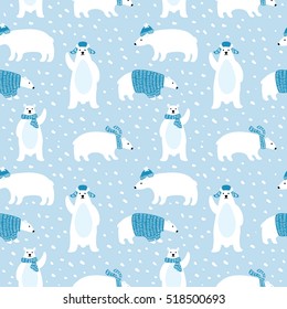 Seamless pattern with cute polar bears in simple cartoon style