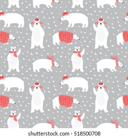 Seamless pattern with cute polar bears in simple cartoon style