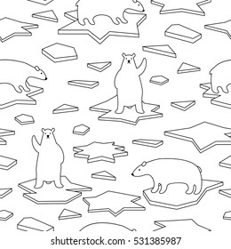 Seamless pattern with cute polar bears on ice in simple cartoon style