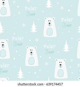 Seamless pattern with cute polar bears, firs , snowflakes and lettering for scrapbook paper, wrapping paper, vector fabric textile print