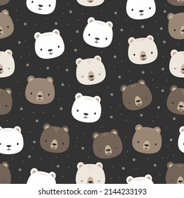 Seamless pattern with cute polar and teddy bear face cartoon flat design on black background