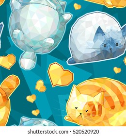 Seamless pattern with cute polygonal cartoon cats, blue and orange cat on blue background