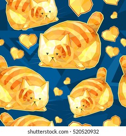 Seamless pattern with cute polygonal cartoon cats, gold cat on blue background