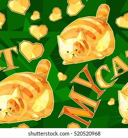Seamless pattern with cute polygonal cartoon cats, gold cat on green background