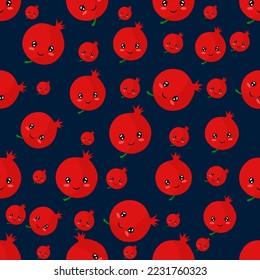 Seamless pattern with cute pomegranate caracter. Pomegranate fruit caracter background. vector illustration